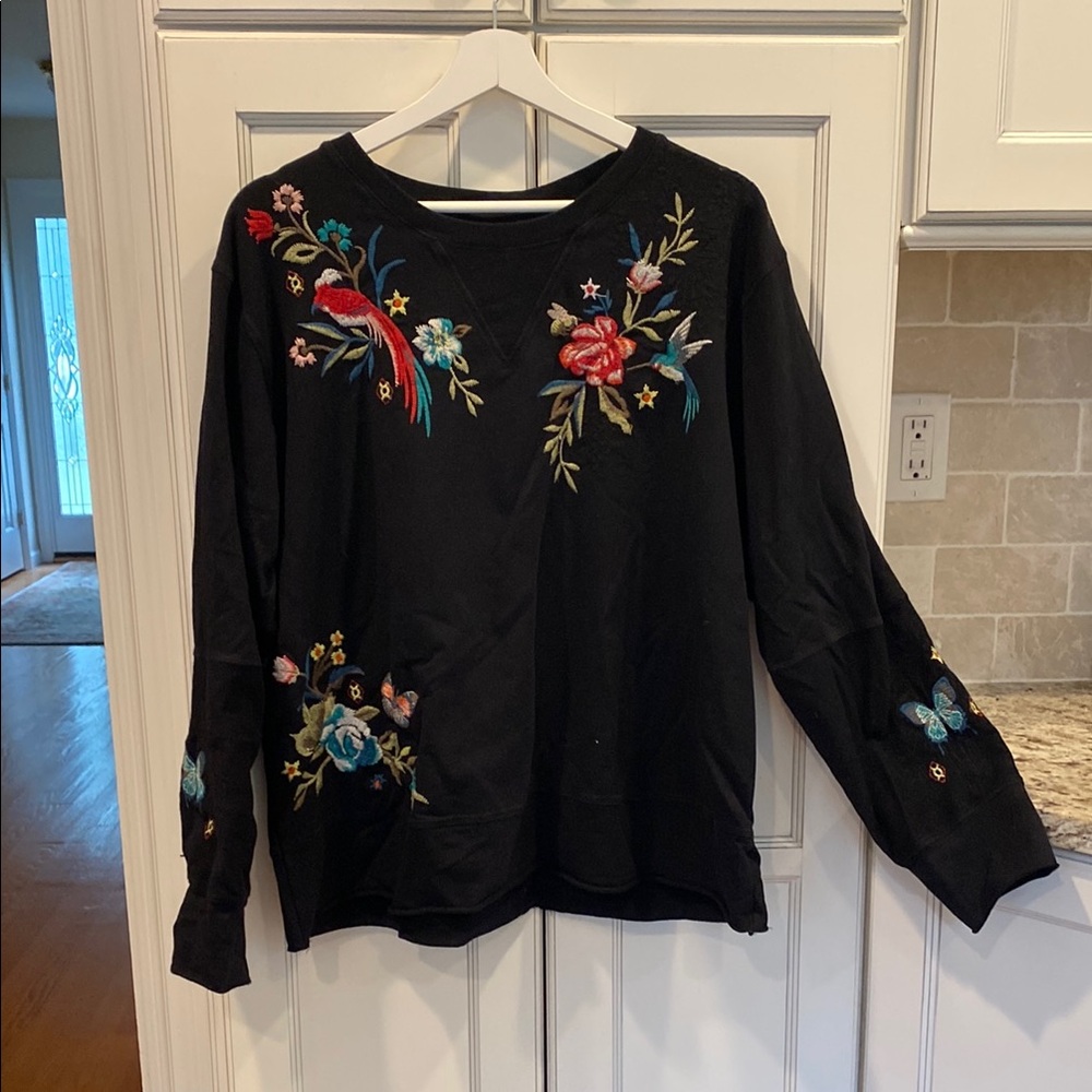 Johnny Was Black Embroidered Sweatshirt XL